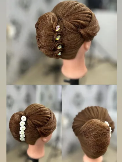 A collage showing different views of a classic French roll hairstyle created on a mannequin, a timeless updo for any formal event.