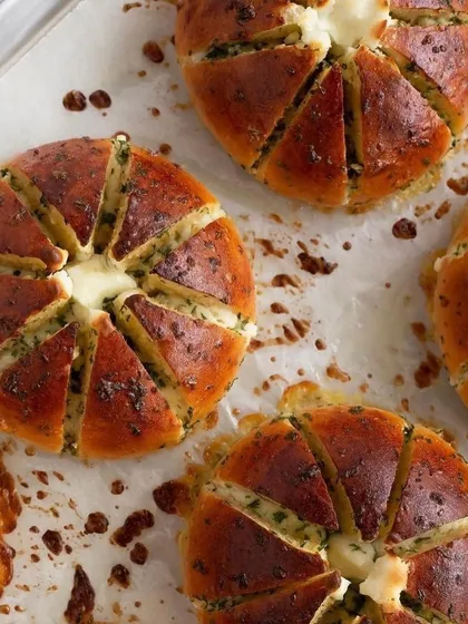 Another shot of the Korean Cream Cheese Buns after baking, with a beautiful golden-brown crust and a generous garlic and herb topping.