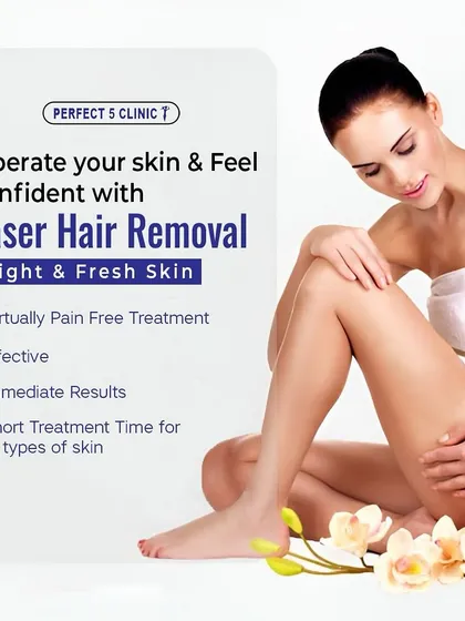 This graphic summarizes the key benefits of our laser hair removal service. The treatment is virtually pain-free, highly effective, provides immediate results, and has a short treatment time suitable for all skin types.