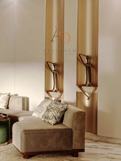 A detail shot of the sculptural art pieces set within illuminated wall niches, adding a personalized and artistic touch to the living space.