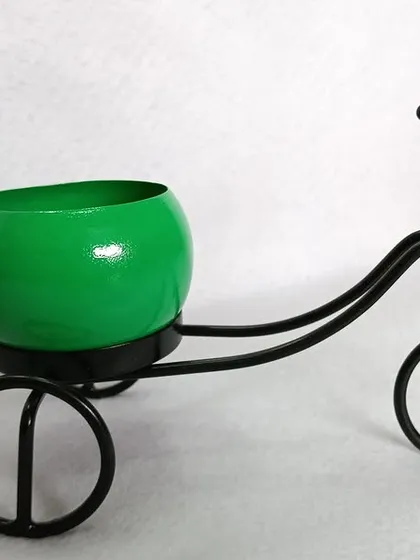 The same decorative tricycle planter, this time with a vibrant green pot.