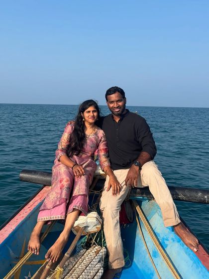 A relaxed and happy couple enjoying their time together on our mid-sea catamaran experience.