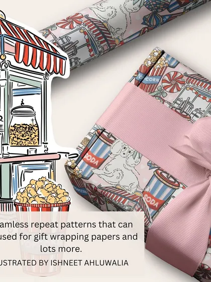 The 'Funfair Frenzy' seamless repeat pattern is perfect for gift wrapping paper. The detailed illustration of a popcorn cart, complete with a cute poodle, makes any present feel more festive and special.