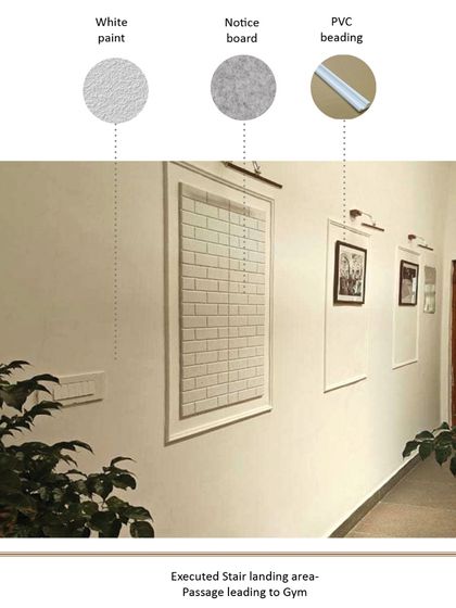 Even simple walls are treated with care. In the passage leading to the gym, I used simple PVC beading to create framed sections for a notice board and artwork, adding a layer of architectural detail to an otherwise plain surface.