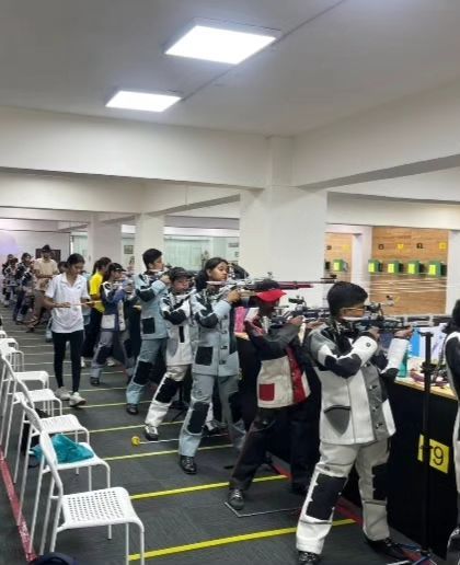 A full view of the shooting range bustling with activity during the CISCE School Nationals 2024, an event that saw over 350 participants.