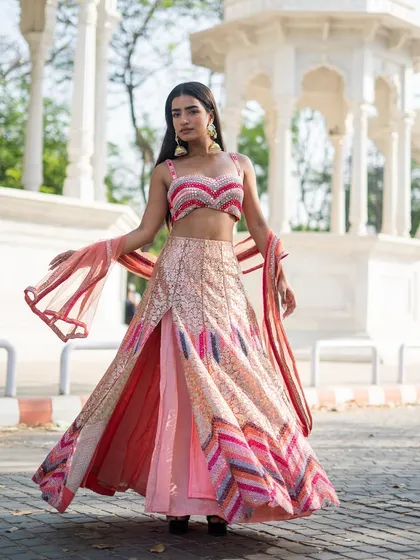 The Pastel Pink Edit. We have new stock in now, including this beautiful lehenga with a multi-coloured chevron blouse.