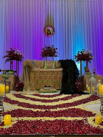 Details matter to us. For this Guru Ji satsang, we meticulously arranged paths of red and white rose petals leading to the main seating area, adding a touch of elegance and devotion to the sacred space.