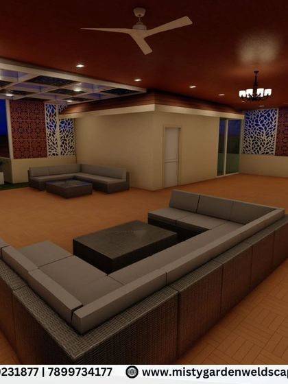 A night-time 3D render of a spacious terrace lounge. This visualization helps plan the lighting and furniture arrangement to create a cozy and inviting atmosphere for evening gatherings.