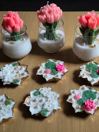 My soy wax scented candles are designed to be a centerpiece. This collection features delicate tulip bouquets in glass and floating floral candles, making for an elegant corporate or wedding gift.