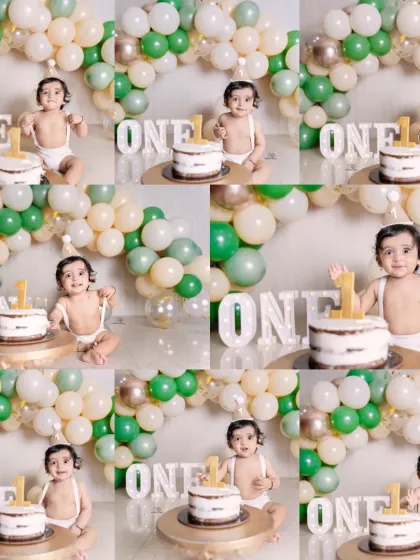 A fun collage from a first birthday cake smash session. It captures the many expressions of a baby boy enjoying his cake against a festive backdrop of green and white balloons.