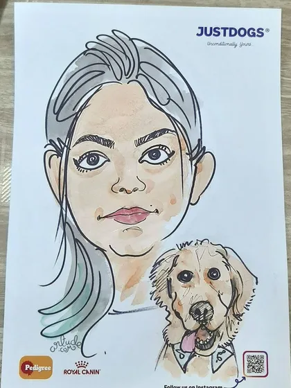 This caricature features a guest with her beautiful golden retriever. These pet portraits are always a huge hit at events.