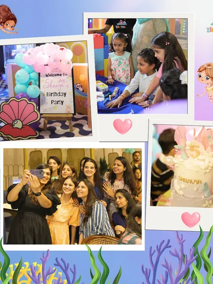 A collection of sweet moments from the mermaid birthday bash, including a welcome sign, cake, and a group selfie with all the moms.