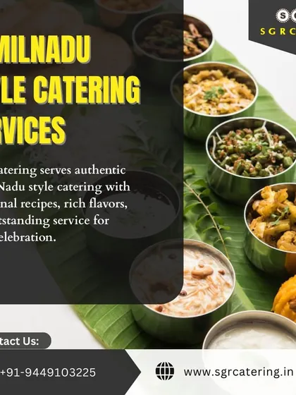 Our authentic Tamil Nadu style catering uses traditional recipes and rich flavors. This image shows a variety of dishes served in traditional bowls on a banana leaf, highlighting the authenticity of our preparations.