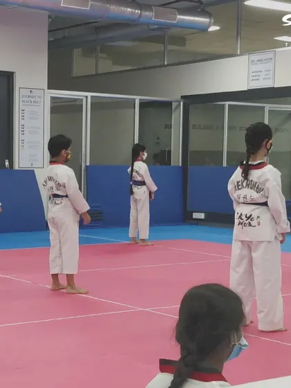 Students stand at attention during a Color Belt Promotion. This image captures the serious and respectful atmosphere of the event, where each participant demonstrates their passion for Taekwondo.