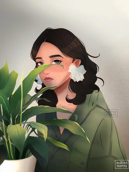 A lighting study based on a photo I found, featuring a character peeking from behind a plant. This exercise helps me practice rendering natural light and shadows in my portraits.