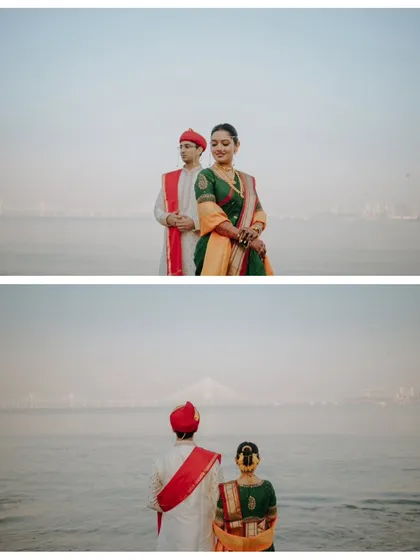 A beautiful couple portrait set against the iconic backdrop of Mumbai's Bandra-Worli Sea Link. I specialize in using local cityscapes to create memorable pre-wedding and wedding photos.