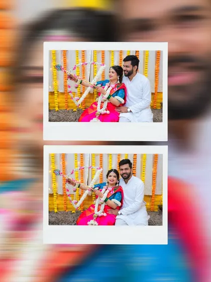 A polaroid-style edit of the couple during the traditional baby shower rituals, adding a nostalgic and fun touch.