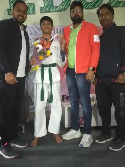 Celebrating a gold medal win at the Delhi State Sub-Junior Championship. This victory is a direct result of focused Poomsae and Kyorugi training.