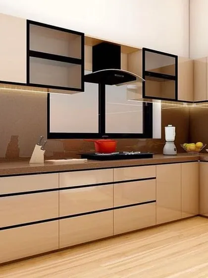 This 3D design visualizes a kitchen with beige glossy cabinets and a brown countertop. The render includes details like the chimney, glass-front cabinets, and under-cabinet lighting, giving a complete picture of the final installation.
