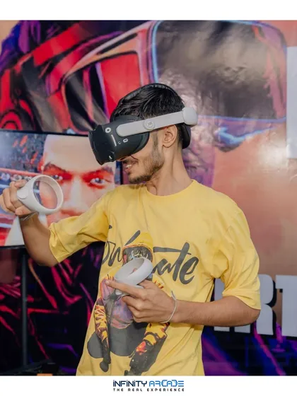 This player is fully engaged in a VR game, smiling as he interacts with the virtual environment. It’s a perfect example of the fun and excitement my VR station brings to any event.