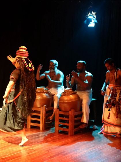 The dancer Kapila Venu, accompanied by percussionists, during the "Shaiva Koothu" performance at our SwarTaal festival. The performance uses vibrant costumes and expressive movements.