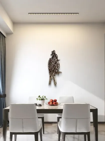 "The Bronze Guardian" shown in a dining room setting. This piece is designed to safeguard the spirit of a space with its powerful presence.