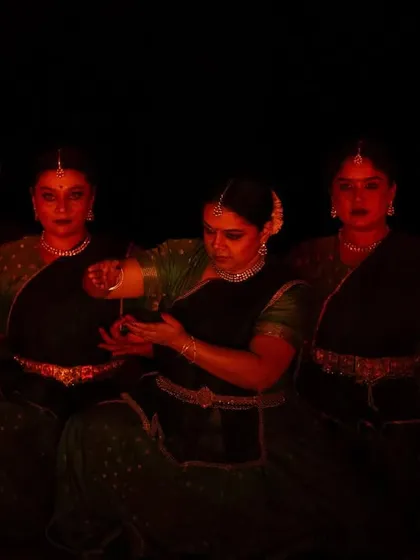 A close-up on the expressive 'hastas' (hand gestures) and 'abhinaya' (facial expressions) from 'Ek Anant', which are crucial for conveying the story's nuances.