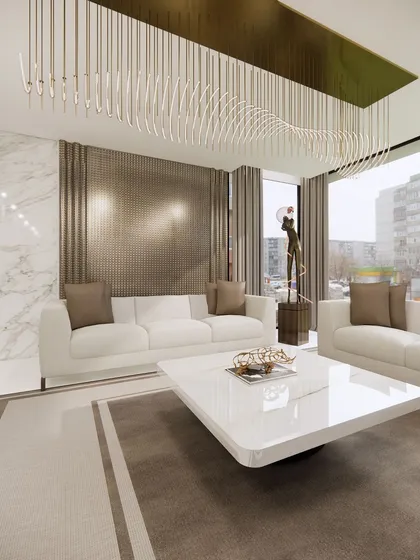 Our vision for future living includes bright, open spaces with luxurious finishes. This living room concept combines a sleek white sofa and coffee table with a textured metallic feature wall and a sculptural light fixture, blending minimalism with opulence.