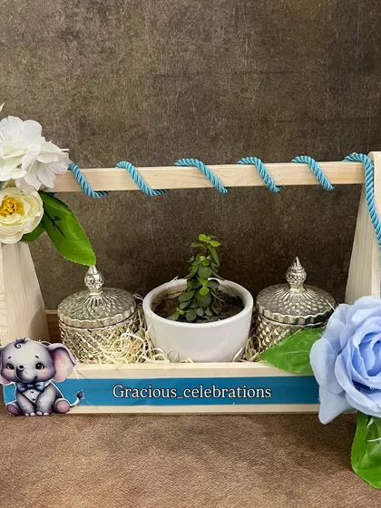This cute blue-themed basket isn't just for babies. Its versatile design makes it perfect for anniversaries or milestone birthdays too. It includes two crystal jars and a planter.