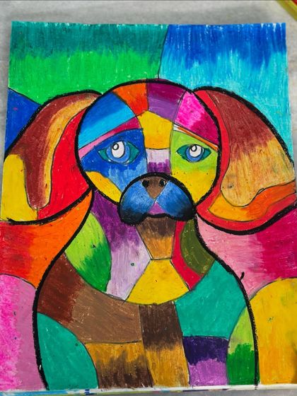 A close-up of the Cubist dog portrait, showing the use of geometric shapes and a vibrant, non-realistic colour palette. This is a fun way to learn about abstract art.