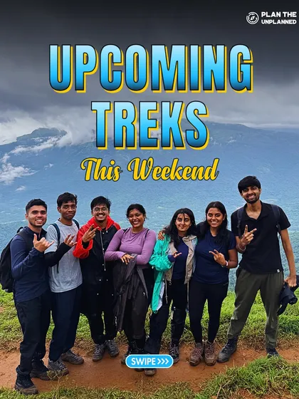 A group of friends posing at a viewpoint with mountains in the background. Swipe to see our list of weekend treks and choose your next journey.