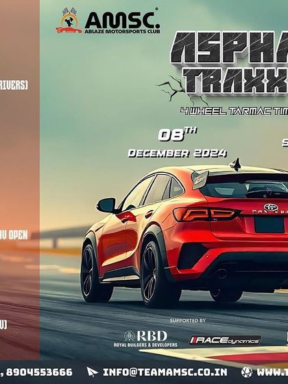 An event poster for the Asphalt Traxx VI wheel-to-wheel tarmac autocross. We host competitive events with multiple classes for amateur, professional, and special vehicle categories.