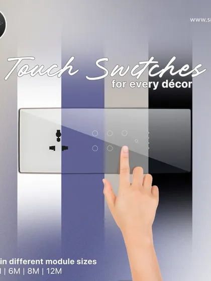 We provide a smart touch switch for every decor. Our panels come in different module sizes, from 2M to 12M, allowing you to control everything from a single light to a full room's appliances with one cohesive design.