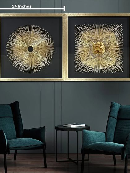 This version of the Sunflare Elegance shadow box includes dimensions, showing that each panel is 24 by 24 inches. This helps you visualize how this stunning set will fit in your space.