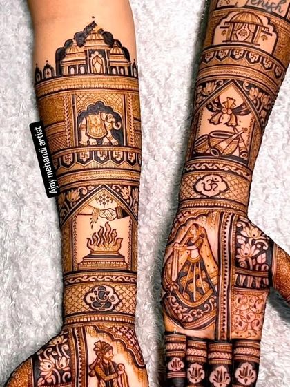 This design includes portraits of the couple, along with auspicious symbols like the Om and the sacred fire, representing a blessed union.