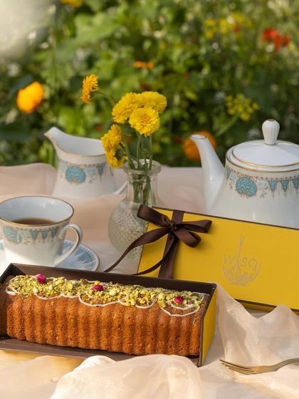 My Pistachio Tea Cake is perfect for an afternoon treat, beautifully packaged in a signature gift box. The moist, nutty cake is a wonderful companion to a cup of tea.