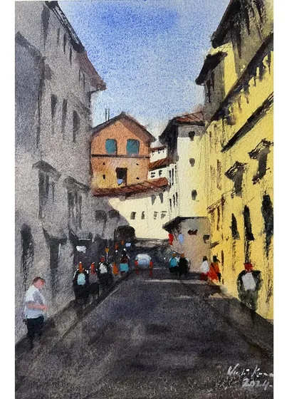 A watercolor painting of a street in the Florence city center on Baohong cold press paper. I love capturing the unique architecture and the play of sunlight on the colorful buildings.