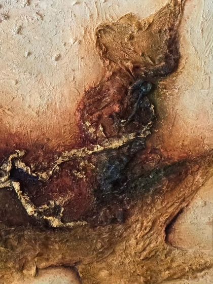 A close-up detail of 'The Rustic Road.' You can see how the layers of earthy hues and raised textures create the feeling of a weathered path. Every crack and brushstroke tells a story of journeys long past.