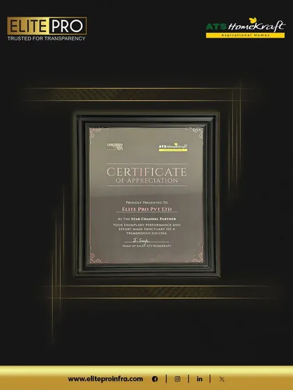 The Certificate of Appreciation from ATS HomeKraft, recognizing our unwavering performance. We value the trust placed in us by our developer partners and esteemed clients.