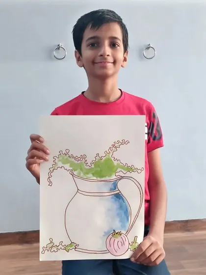 Ishan from 6th standard created this unique piece using watercolors and line art. The drawing shows a creative take on a still life, focusing on the outline and selective coloring.