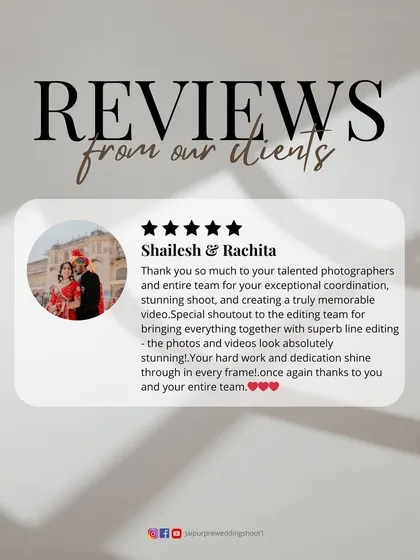 A heartfelt thank you from Shailesh and Rachita to our talented photographers and editing team for their exceptional coordination and for creating a truly memorable video and stunning photos.