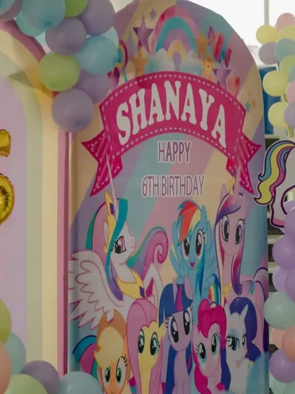 A personalized backdrop for Shanaya's 6th birthday, featuring all her favorite My Little Pony characters.
