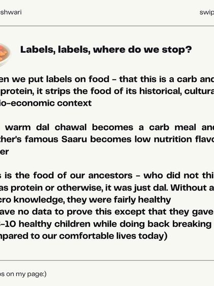 This infographic series tackles the viral claim that "dal is not a protein." I break down the nutritional facts, the importance of cultural context, and why labeling foods as just "carbs" or "protein" strips them of their true value. Ultimately, your digestion and the overall balance of your diet matter more than macronutrient labels.