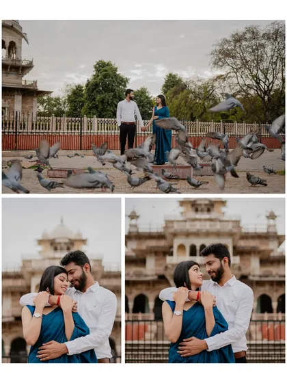 A fun and candid shot of Ranvijay and Kitti surrounded by pigeons at Albert Hall Museum, capturing a spontaneous and joyful moment.