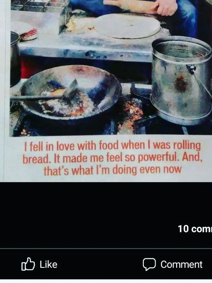 A newspaper clipping that captures the passion behind our cooking. The quote, "I fell in love with food when I was rolling bread," speaks to the deep connection we have with our craft, a feeling that continues to this day.