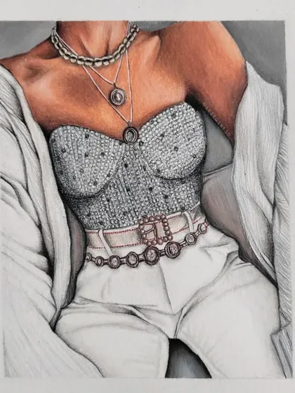 This detailed illustration of a silver sequined corset and outfit took 8 hours to complete. I used a mix of colored pencils and markers to capture the sparkle of the top and the soft folds of the fabric.