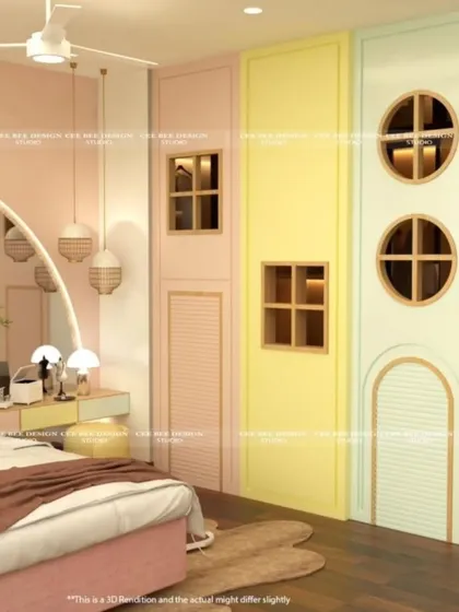 A 3D render of a whimsical dollhouse-themed kids' bedroom with pastel-colored wardrobes.