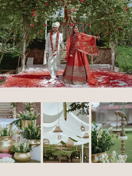 A collage of moments from Preshika and Aakash's serene wedding. From the couple's entrance to the beautiful decor, every detail was perfect.