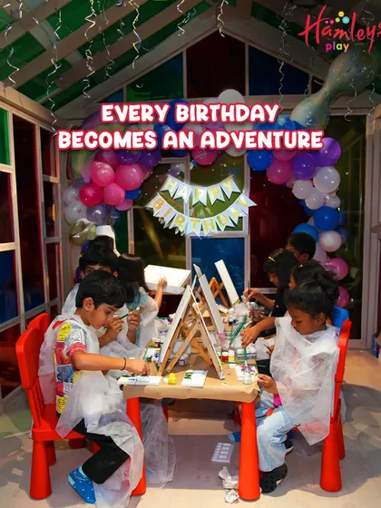 At one of our themed parties, every birthday becomes an adventure. Here, a group of friends enjoys a guided painting session, part of a creative party package that combines artistic fun with active play.