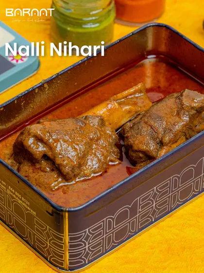 My Nalli Nihari is a winter classic. Tender lamb shanks are slow-cooked in a fragrant, spicy broth and delivered hot in our signature tin box.